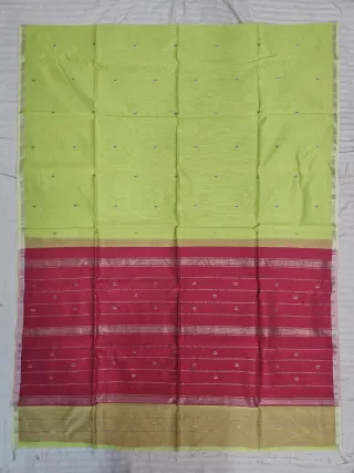 Lime Yellow and Red Contrast Maheshwari Pure Silk Saree with Zari Stripes