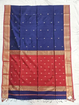 Navy Blue and Red Contrast Maheshwari Pure Silk Saree with Zari Butis