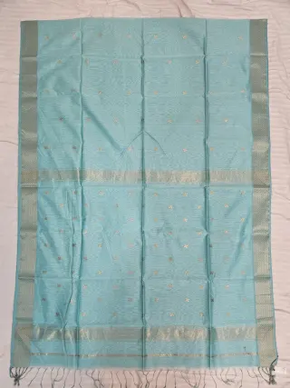 Sky Blue Maheshwari Pure Silk Saree with Zari Butis