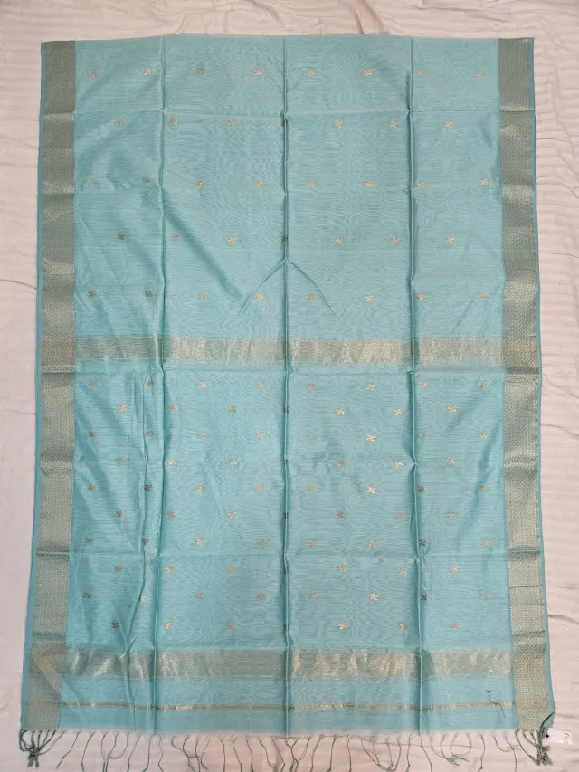Sky Blue Maheshwari Pure Silk Saree with Zari Butis
