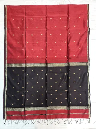 Crimson Red and Black Contrast Maheshwari Pure Silk Saree with Zari Butis