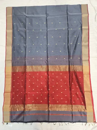 Steel Grey and Red Contrast Maheshwari Pure Silk Saree with Zari Butis