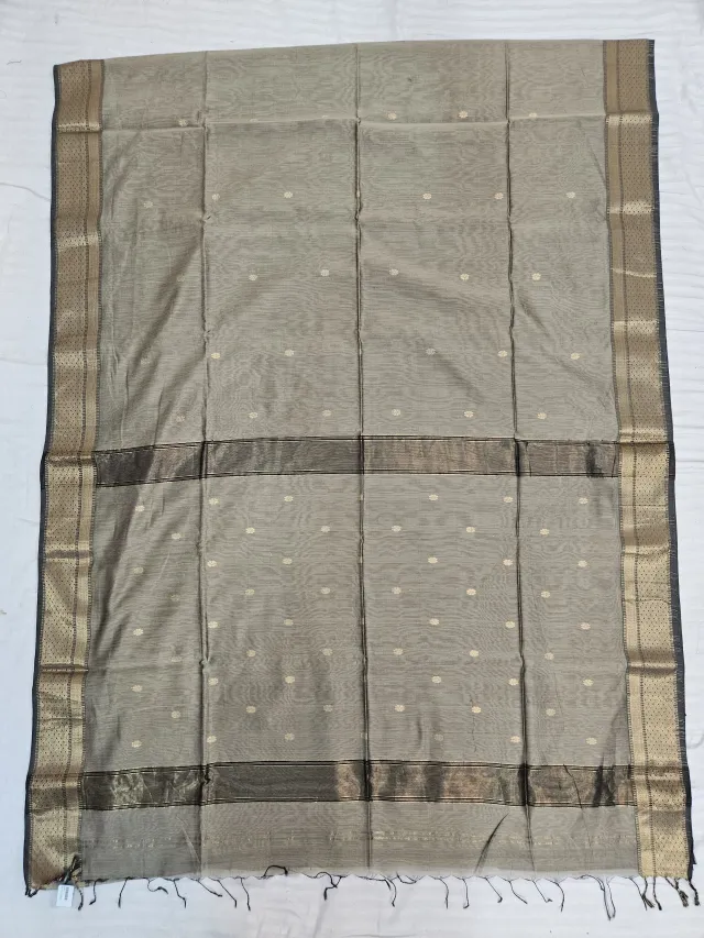 Olive Fawn Maheshwari Pure Silk Saree with Zari Floral Butis