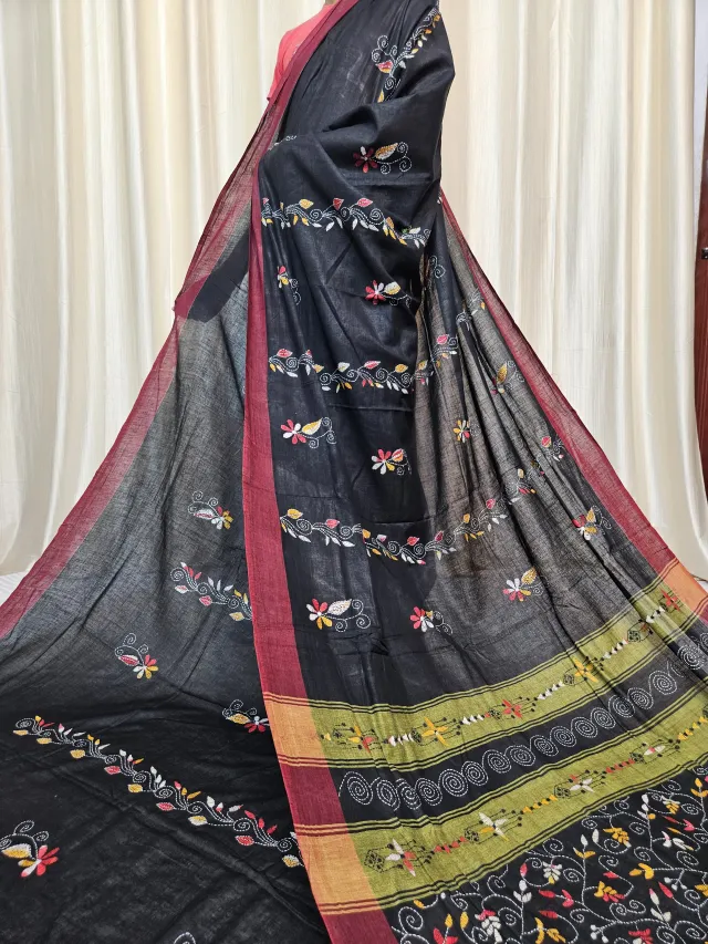 Charcoal Black Pure Khesh Cotton Saree with Multicolour Hand Kantha Stitch