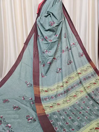 Sage Green Pure Khesh Cotton Saree with Multicolour Hand Kantha Stitch