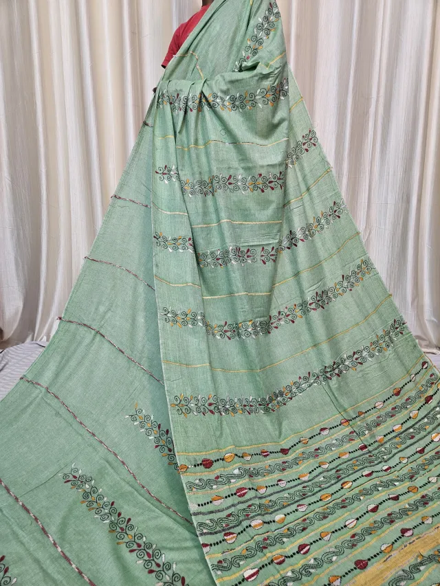Mint Green Pure Khesh Cotton Saree with Multicolour Hand Kantha Stitch