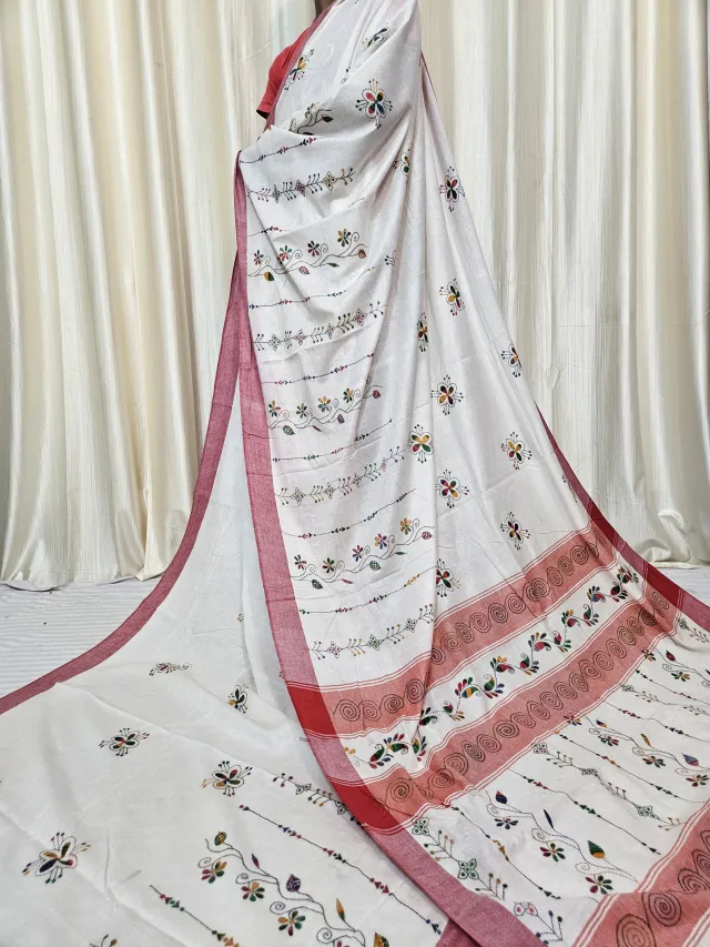 Off-White Pure Khesh Cotton Saree with Multicolour Hand Kantha Stitch