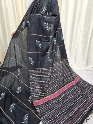 Jet Black Pure Khesh Cotton Saree with White Hand Kantha Stitch