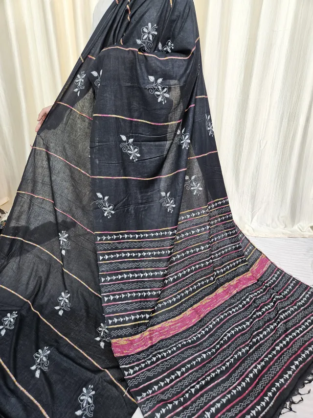 Jet Black Pure Khesh Cotton Saree with White Hand Kantha Stitch