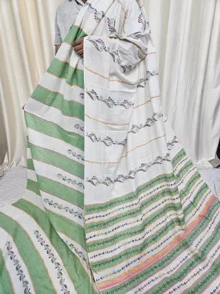 Off-White and Sage Green Striped Pure Khesh Cotton Saree with Multicolour Hand Kantha Stitch