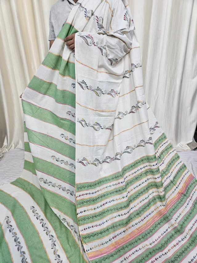 Off-White and Sage Green Striped Pure Khesh Cotton Saree with Multicolour Hand Kantha Stitch