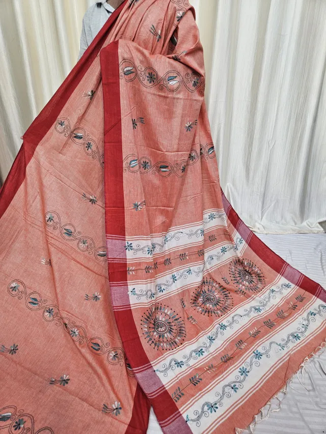 Peach Salmon Pure Khesh Cotton Saree with Hand Kantha Stitch
