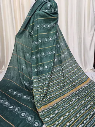 Forest Green Pure Khesh Cotton Saree with White Hand Kantha Stitch