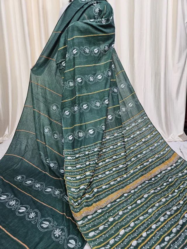 Forest Green Pure Khesh Cotton Saree with White Hand Kantha Stitch