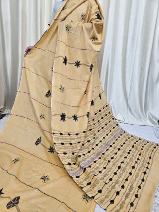 Butter Yellow Pure Khesh Cotton Saree with Black Hand Kantha Stitch
