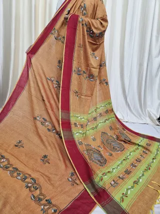 Mustard Ochre Pure Khesh Cotton Saree with Hand Kantha Stitch