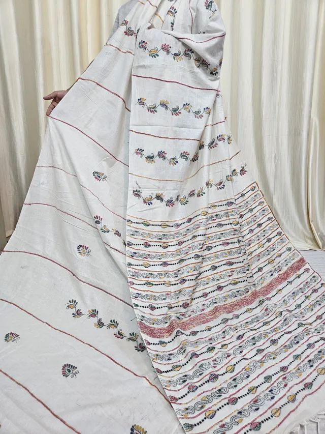 Off-White Pure Khesh Cotton Saree with Multicolour Hand Kantha Stitch