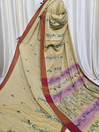 Beige Fawn Pure Khesh Cotton Saree with Teal Hand Kantha Stitch