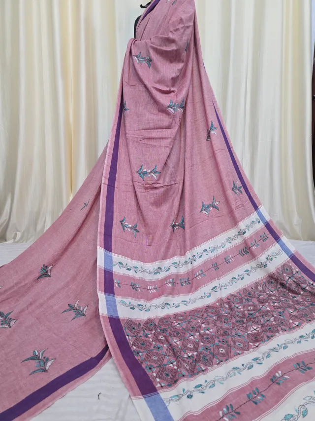 Dusty Pink Pure Khesh Cotton Saree with Teal Hand Kantha Stitch