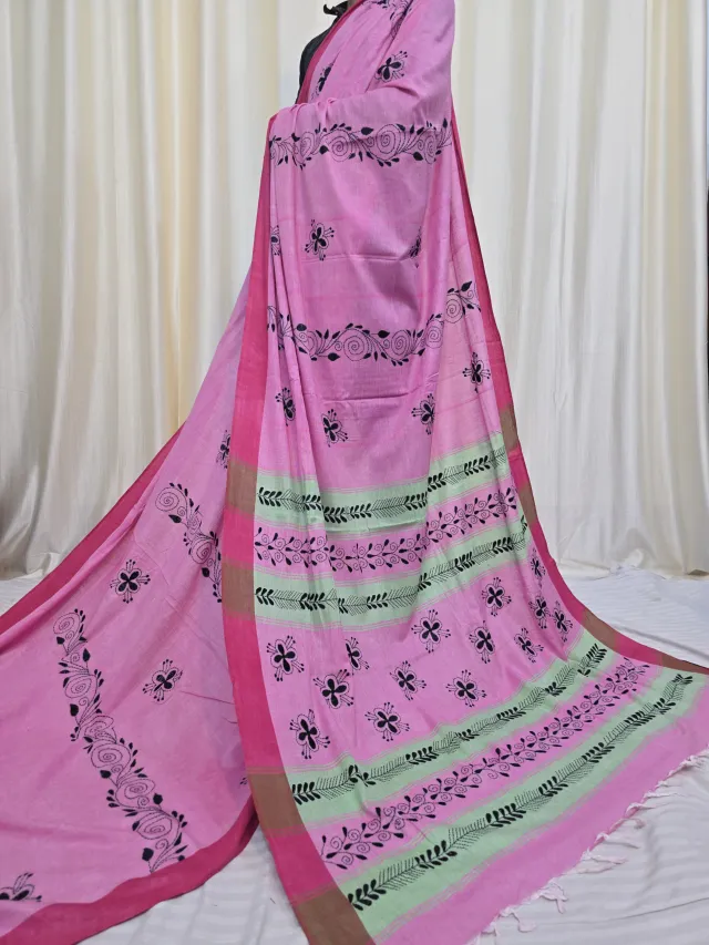 Pastel Pink Pure Khesh Cotton Saree with Black Hand Kantha Stitch