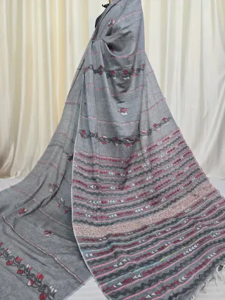 Slate Grey Pure Khesh Cotton Saree with Red and White Hand Kantha Stitch