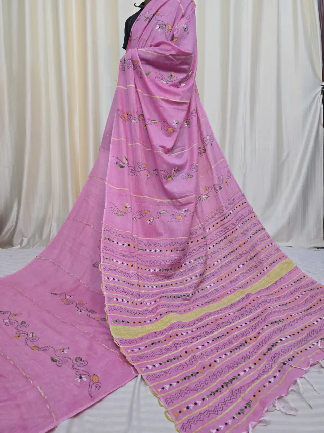 Baby Pink Pure Khesh Cotton Saree with Multicolour Hand Kantha Stitch
