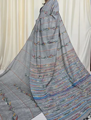 Slate Grey Pure Khesh Cotton Saree with Multicolour Hand Kantha Stitch