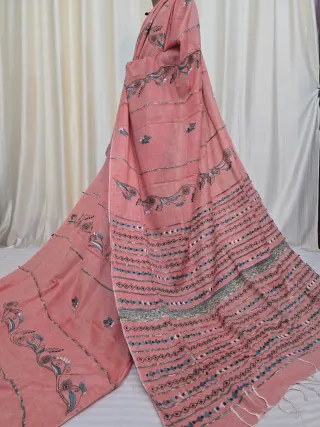 Peach Rose Pure Khesh Cotton Saree with Teal Hand Kantha Stitch