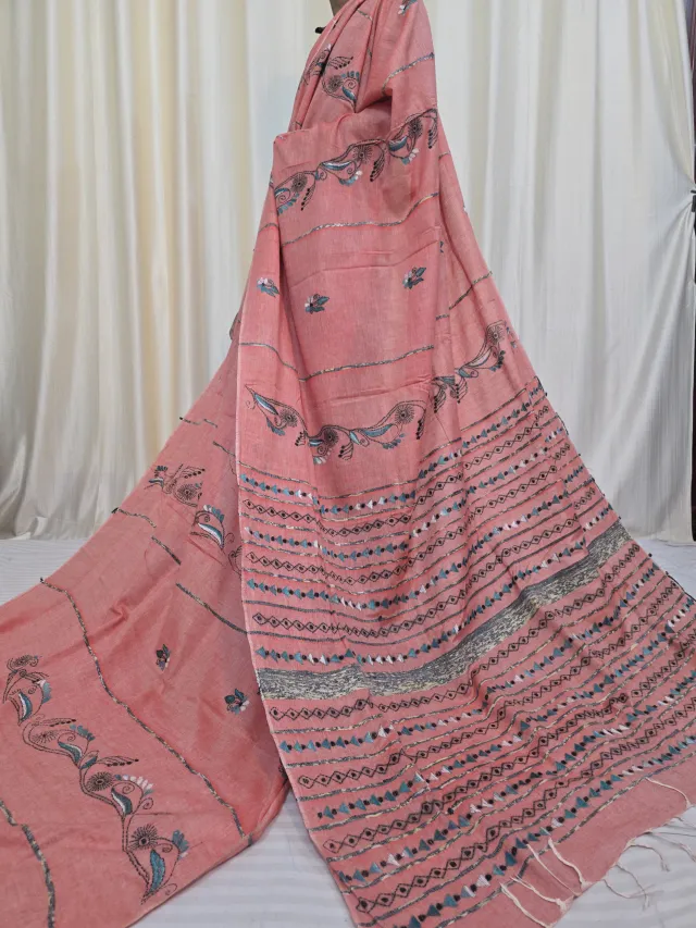 Peach Rose Pure Khesh Cotton Saree with Teal Hand Kantha Stitch