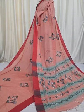 Peach Pure Khesh Cotton Saree with Teal Hand Kantha Stitch