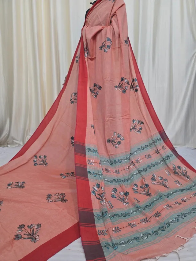 Peach Pure Khesh Cotton Saree with Teal Hand Kantha Stitch