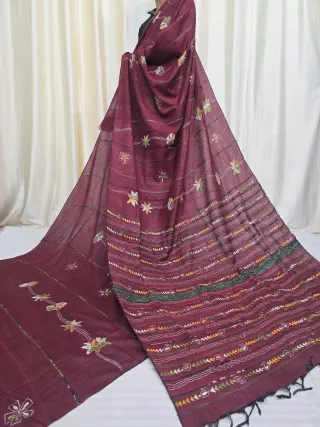 Maroon Pure Khesh Cotton Saree with Multicolour Hand Kantha Stitch