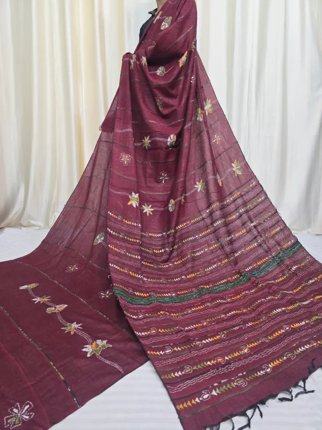 Maroon Pure Khesh Cotton Saree with Multicolour Hand Kantha Stitch