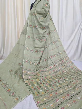Pista Green Pure Khesh Cotton Saree with Multicolour Hand Kantha Stitch