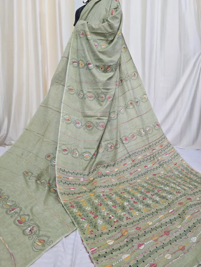 Pista Green Pure Khesh Cotton Saree with Multicolour Hand Kantha Stitch