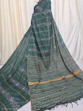Bottle Green Pure Khesh Cotton Saree with Geometric Hand Kantha Stitch