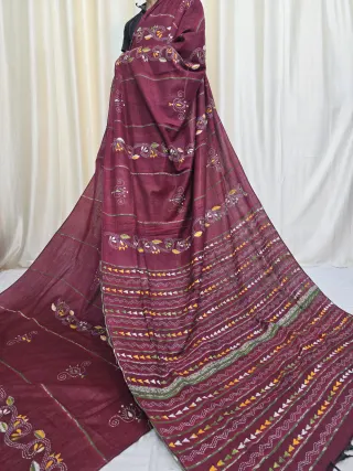 Wine Maroon Handcrafted Pure Khesh Cotton Saree with Traditional Kantha Stitch