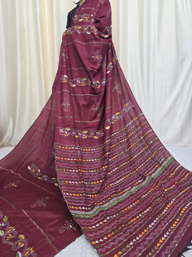 Wine Maroon Handcrafted Pure Khesh Cotton Saree with Traditional Kantha Stitch