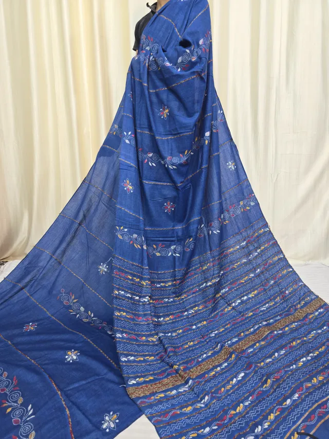 Krishna Blue Pure Khesh Cotton Saree with Multicolour Hand Kantha Stitch