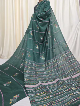 Bottle Green Pure Khesh Cotton Saree with Multicolour Floral Hand Kantha Stitch