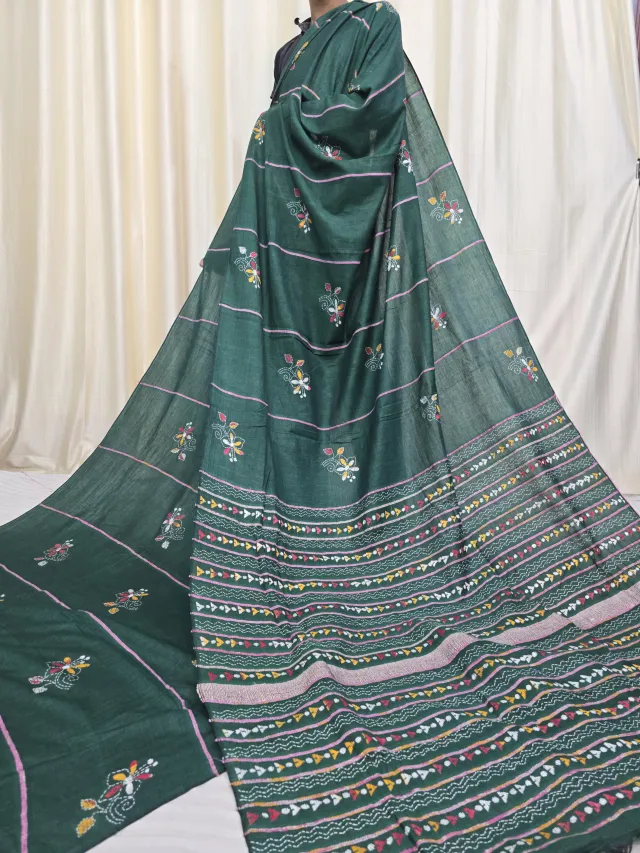 Bottle Green Pure Khesh Cotton Saree with Multicolour Floral Hand Kantha Stitch