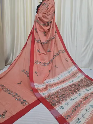 Peach Salmon Pure Khesh Cotton Saree with Teal Hand Kantha Stitch