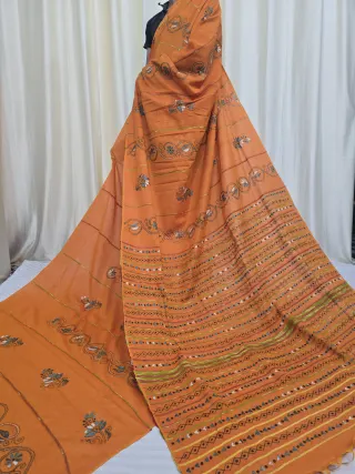 Tangerine Orange Pure Khesh Cotton Saree with Hand Kantha Stitch