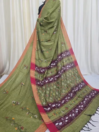 Olive Green Pure Khesh Cotton Saree with Multicolour Hand Kantha Stitch
