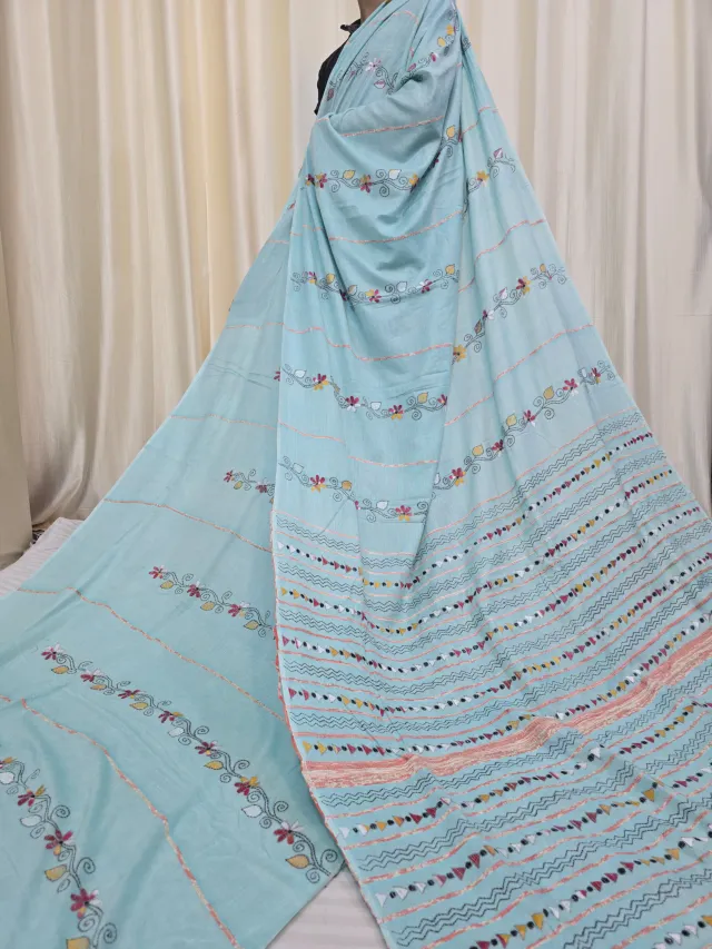 Sky Blue Pure Khesh Cotton Saree with Multicolour Hand Kantha Stitch