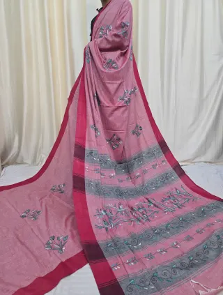 Dusty Pink Pure Khesh Cotton Saree with Birds on Tree Hand Kantha Stitch
