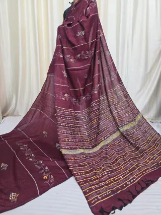 Deep Maroon Pure Khesh Cotton Saree with Yellow and White Hand Kantha Stitch
