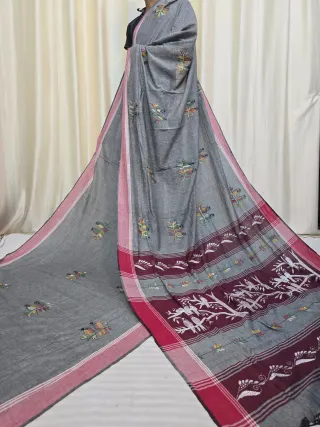 Slate Grey Pure Khesh Cotton Saree with Birds on Tree Hand Kantha Stitch
