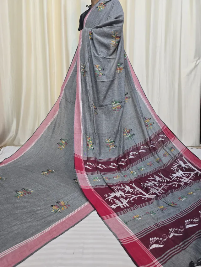 Slate Grey Pure Khesh Cotton Saree with Birds on Tree Hand Kantha Stitch