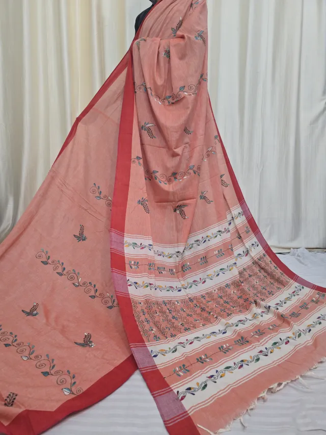 Peach Pure Khesh Cotton Saree with Multicolour Hand Kantha Stitch